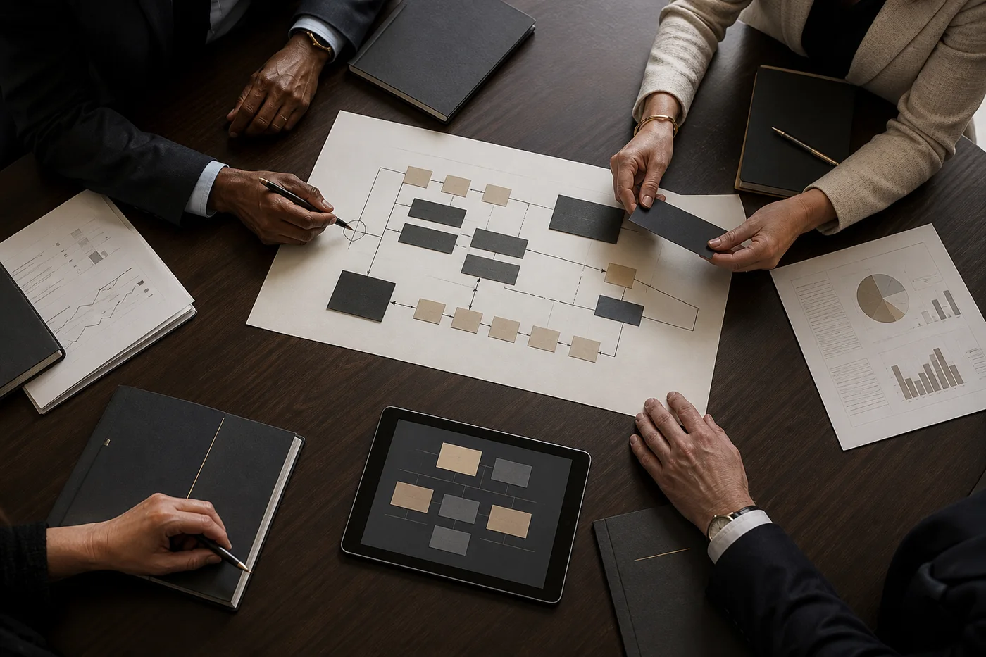A consulting team mapping an operational strategy around a conference table